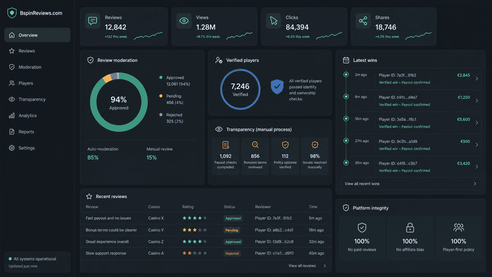 Dark analytics dashboard mockup for BspinReviews